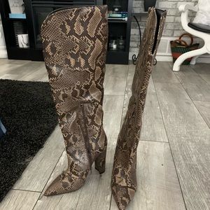 Public Desire knee high snakeskin pattern boots